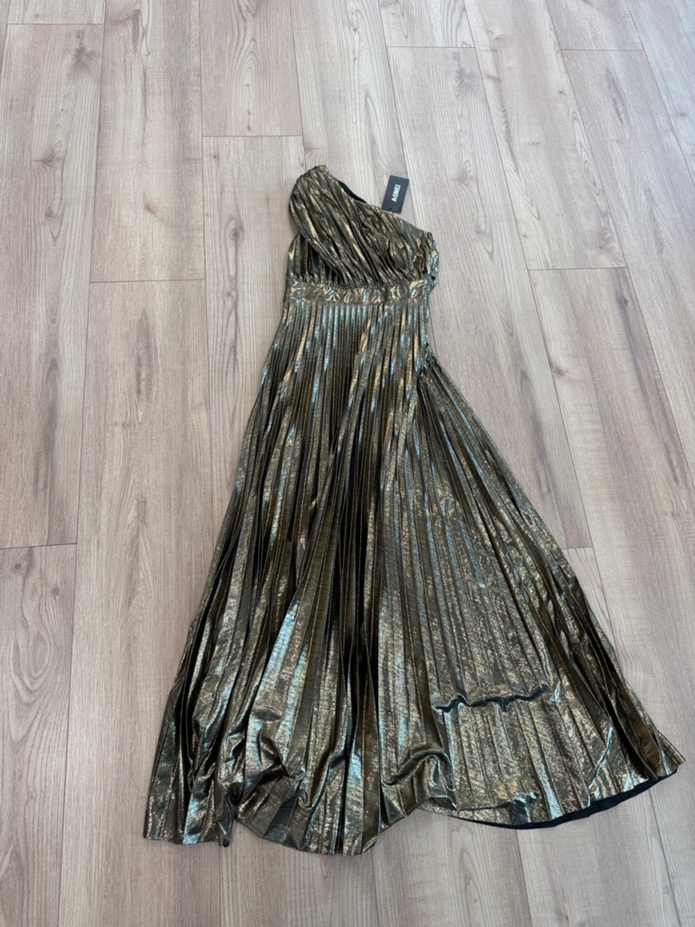 One-Shoulder Metallic Pleated Maxi Dress in Gold